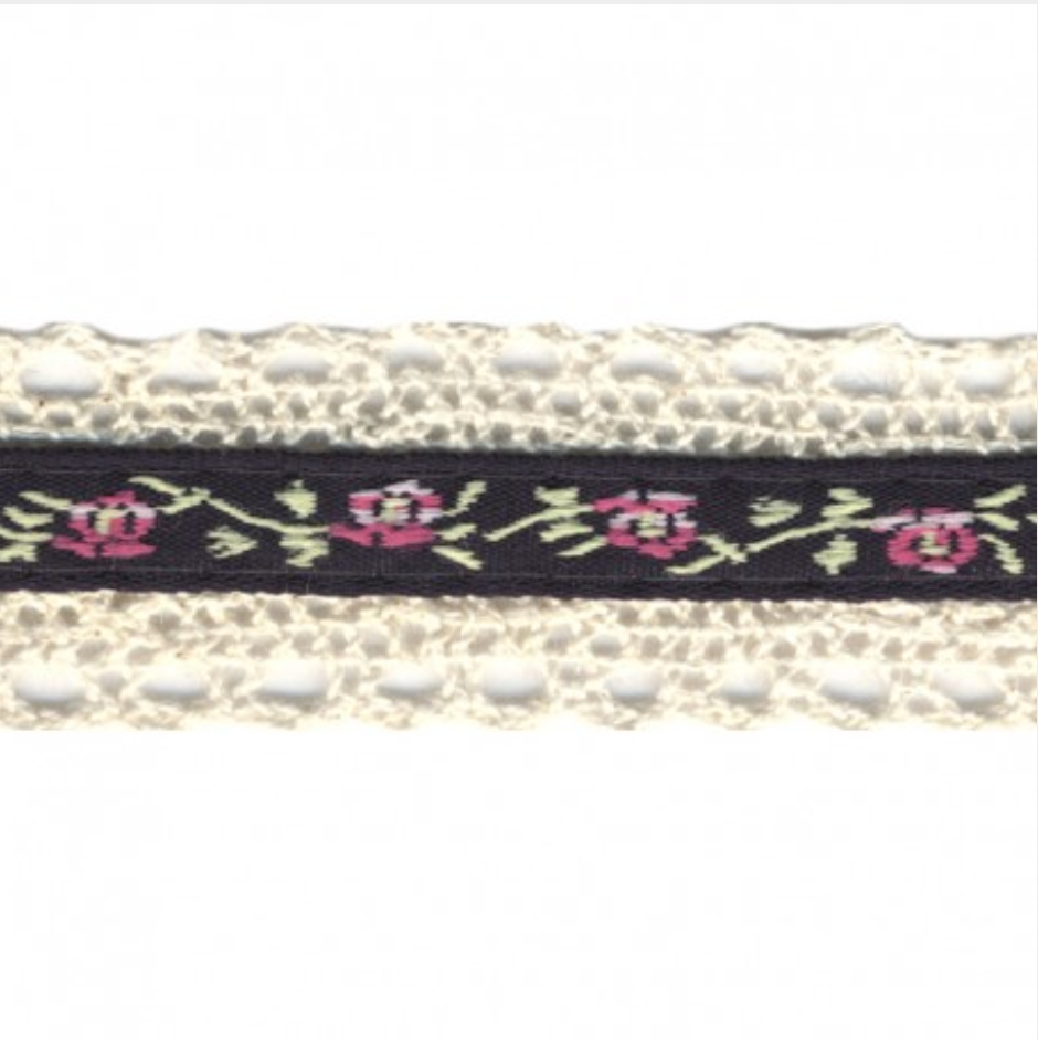 Lace Edged Jacquard Flower Ribbon : Black