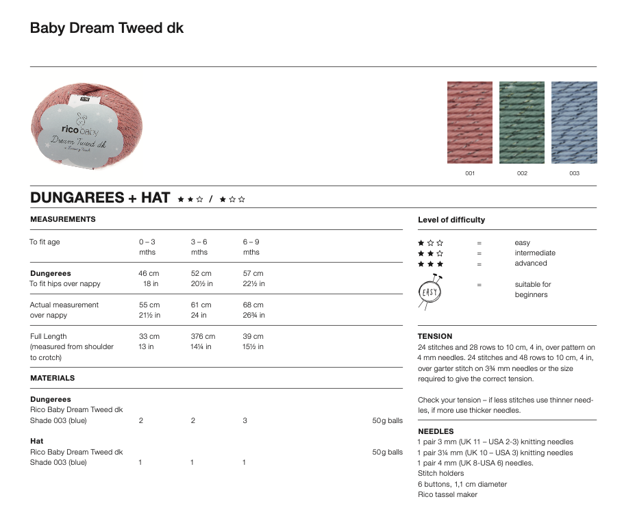 Baby Dream Uni Knitting Pattern 1155 Dungarees & Hat