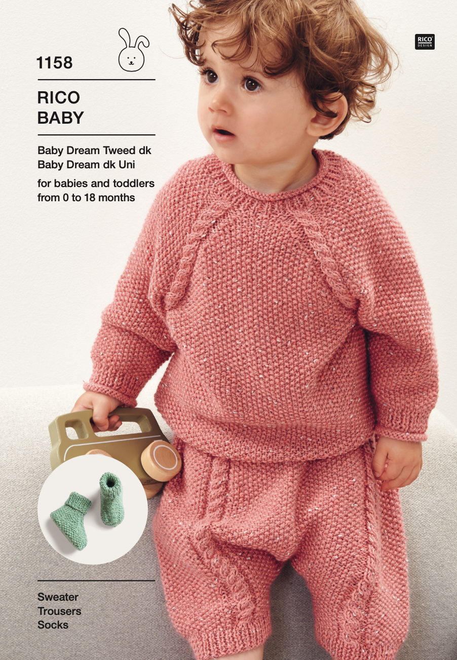 Baby Dream Uni Knitting Pattern 1158 Sweater Trousers & Bootee Socks