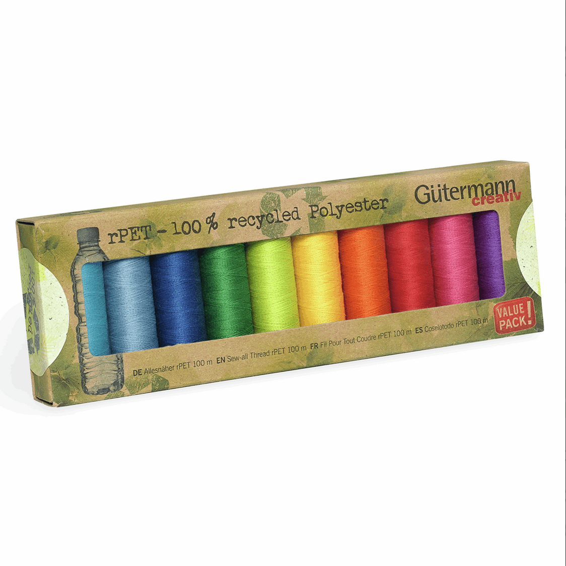 Gutermann Sewing Thread Set : 10 x 100m Recycled Polyester Threads - Brights Assorted