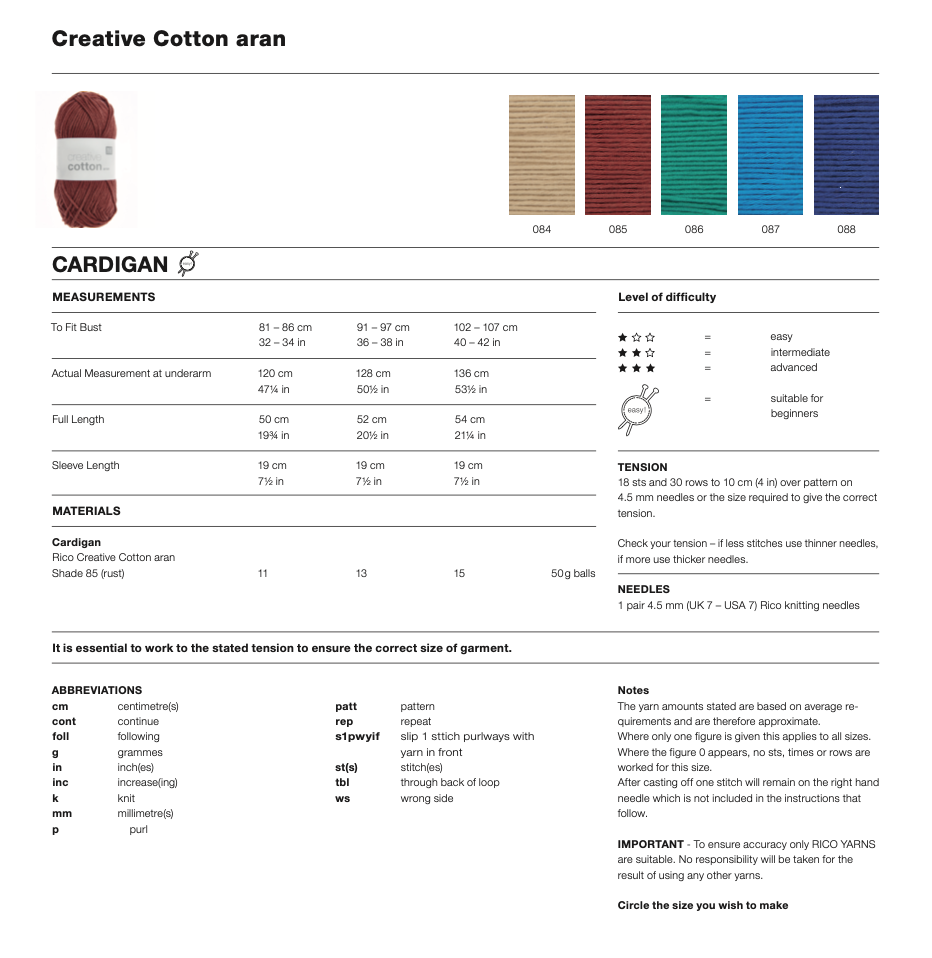 Rico Creative Cotton Aran Knitting Pattern : Cardigan 1200