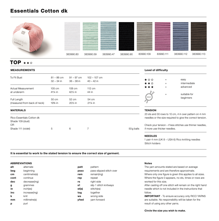 Rico Essentials Cotton DK Short Sleeve Top Knitting Pattern 1189