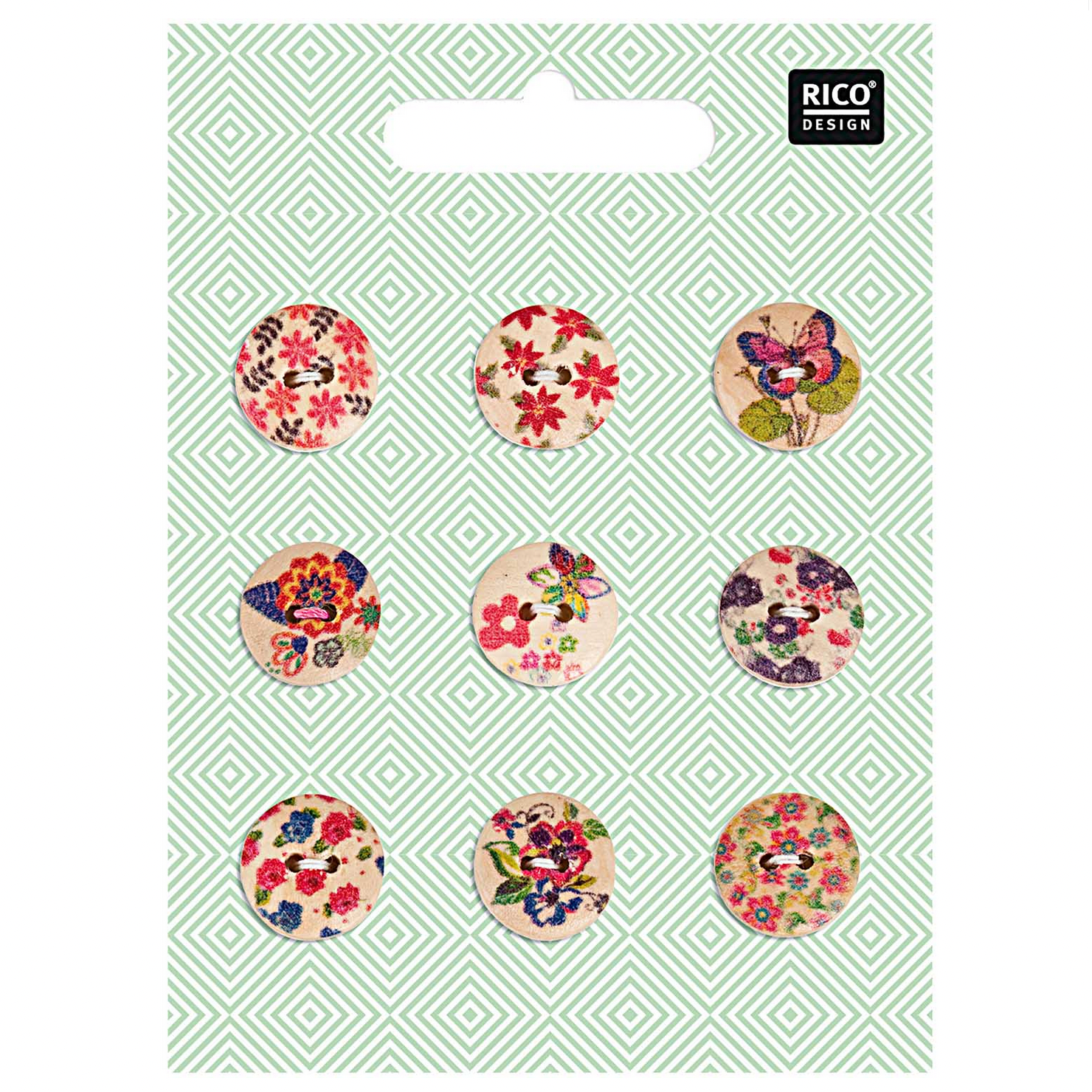 Button Set : Wooden Buttons Set : 9 x Multi Floral Mix