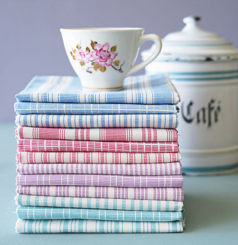 Tilda Fabric Fat Quarters: Tea Towel Basics: 50 x 55cm : Blue and Teal : Bundle of 6