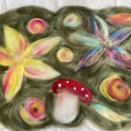 Cobweb felt scarf kit. Dark green background with painterly flowers and toadstools 