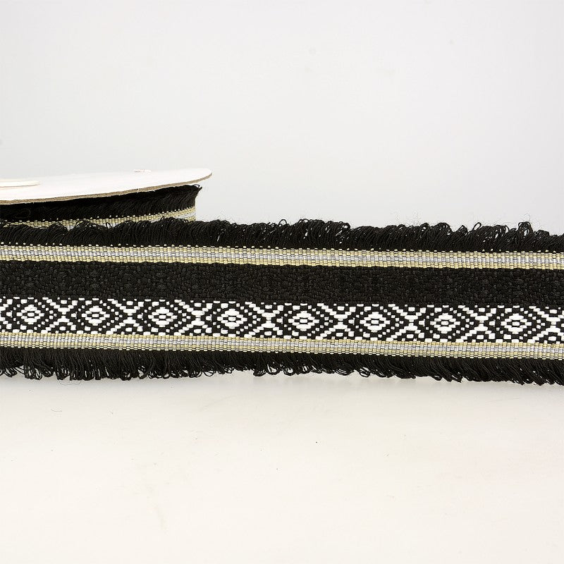 Fringed Ecru Jacquard Trim : Black 60mm