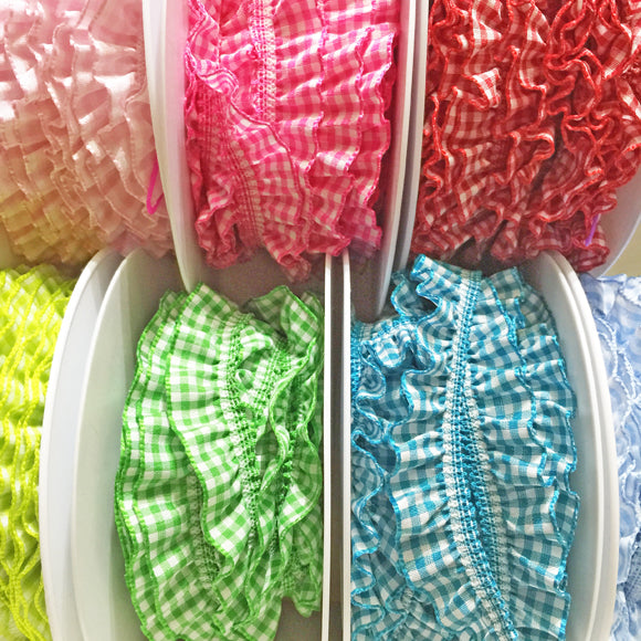 Gathered Gingham Elastic Trim 20mm 75 baby pink