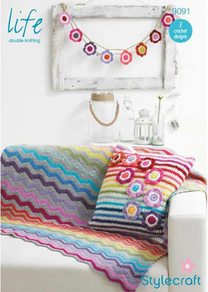 Stylecraft Crochet Blanket Cushion Cover & Garland Pattern -9091
